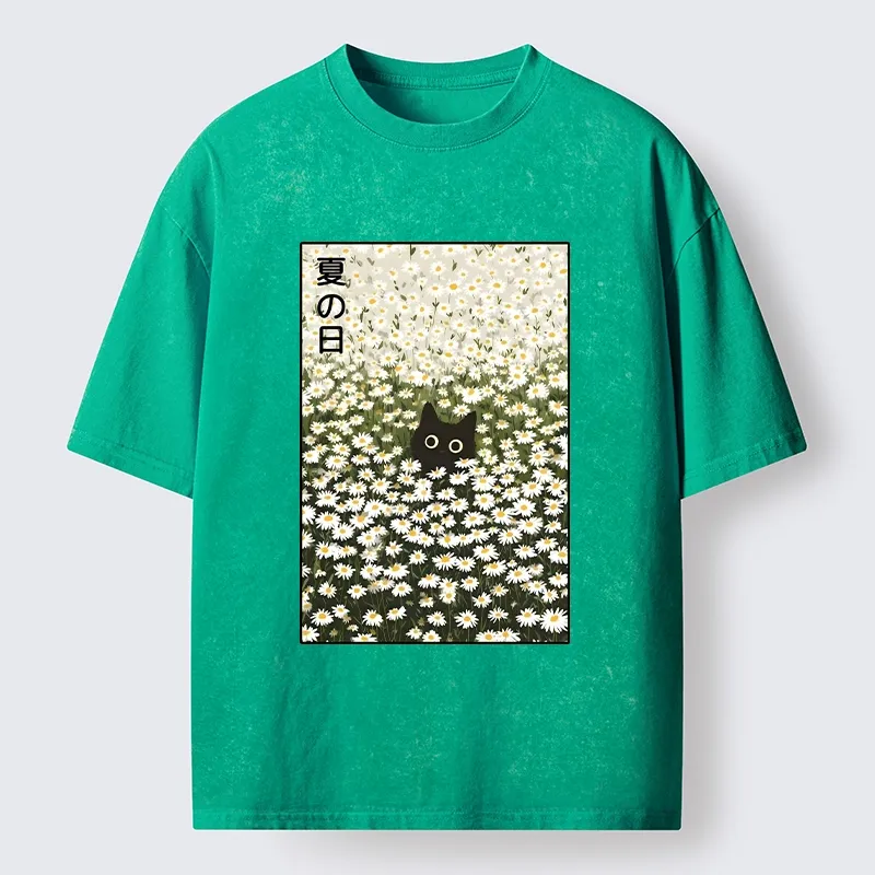 Tokyo-Tiger Summer Day Daisies Black Cat Washed T-Shirt