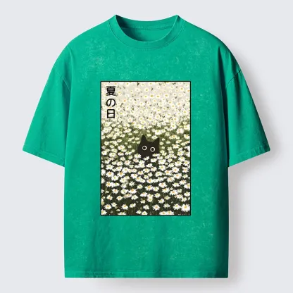 Tokyo-Tiger Summer Day Daisies Black Cat Washed T-Shirt