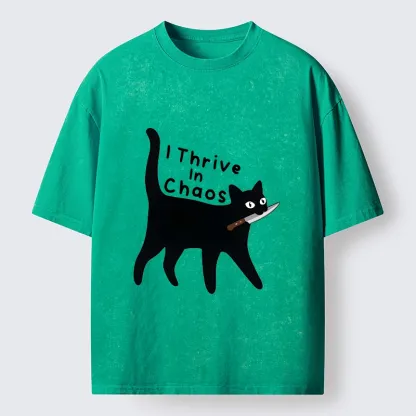 Tokyo-Tiger Chaotic Black Cat With Knife Washed T-Shirt