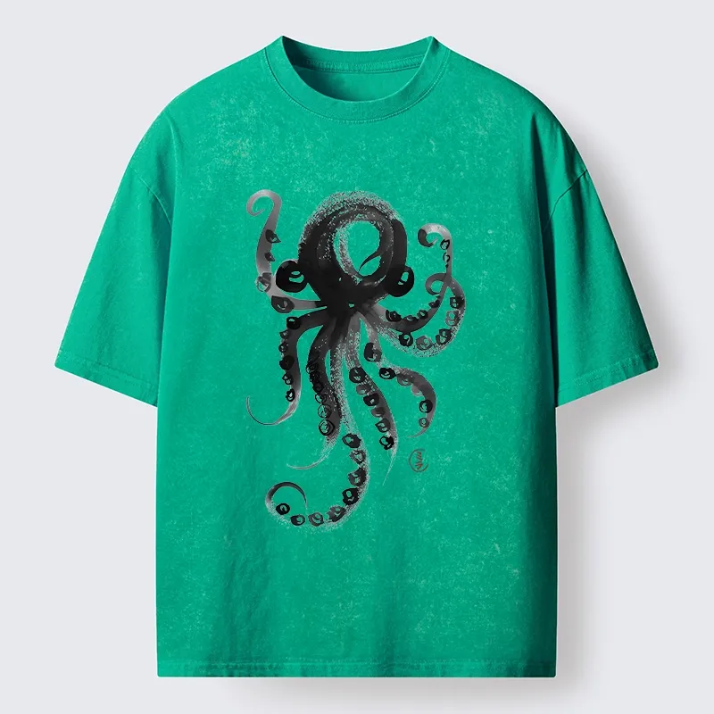 Tokyo-Tiger Japanese Ink Octopus Art Washed T-Shirt