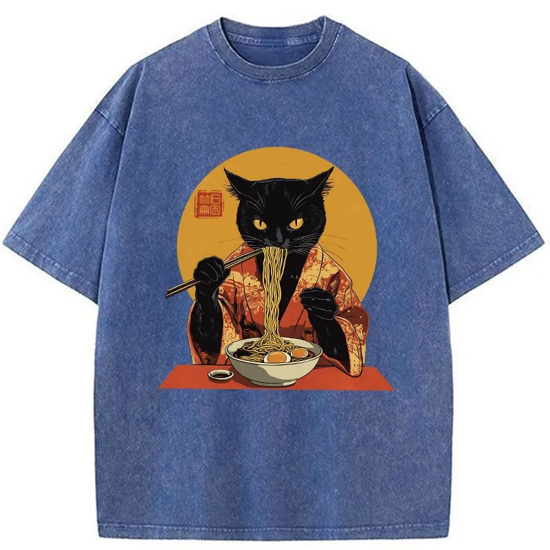 Tokyo-Tiger Ramen-obsessed Cat Washed T-Shirt