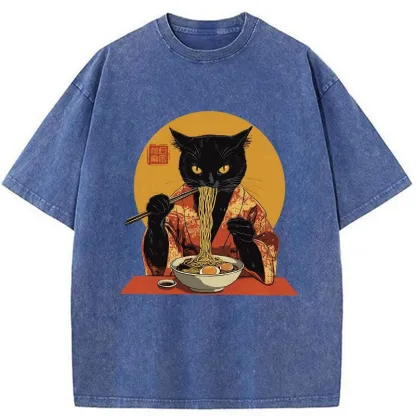 Tokyo-Tiger Ramen-obsessed Cat Washed T-Shirt