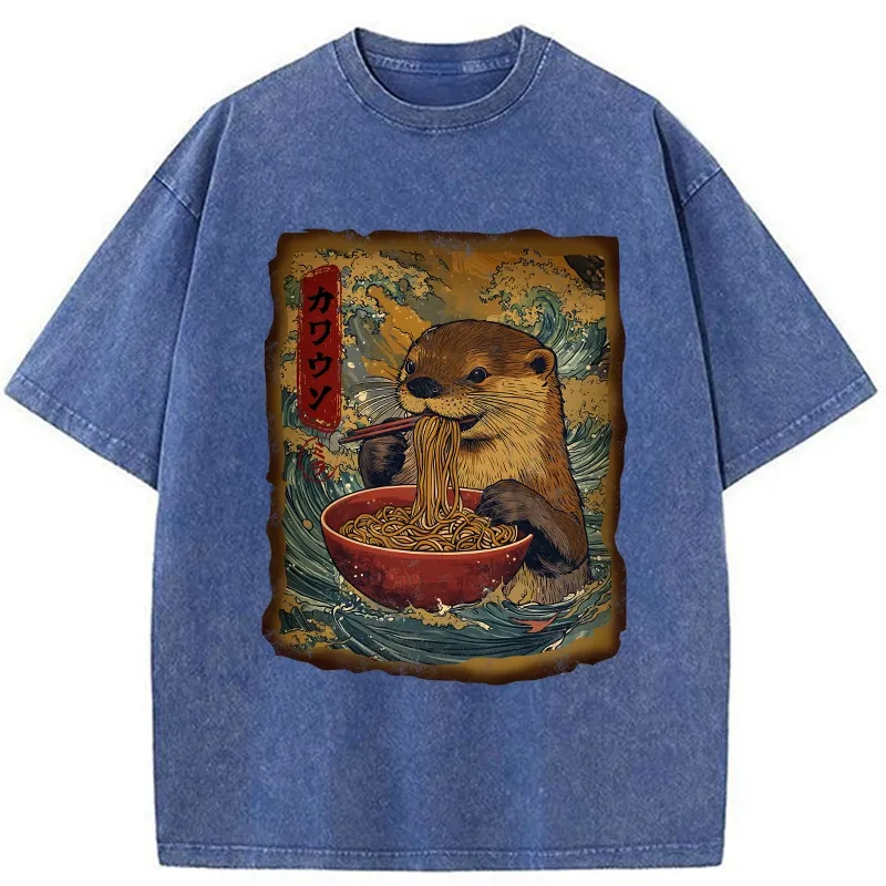 Tokyo-Tiger Otter Eats Ramen Washed T-Shirt