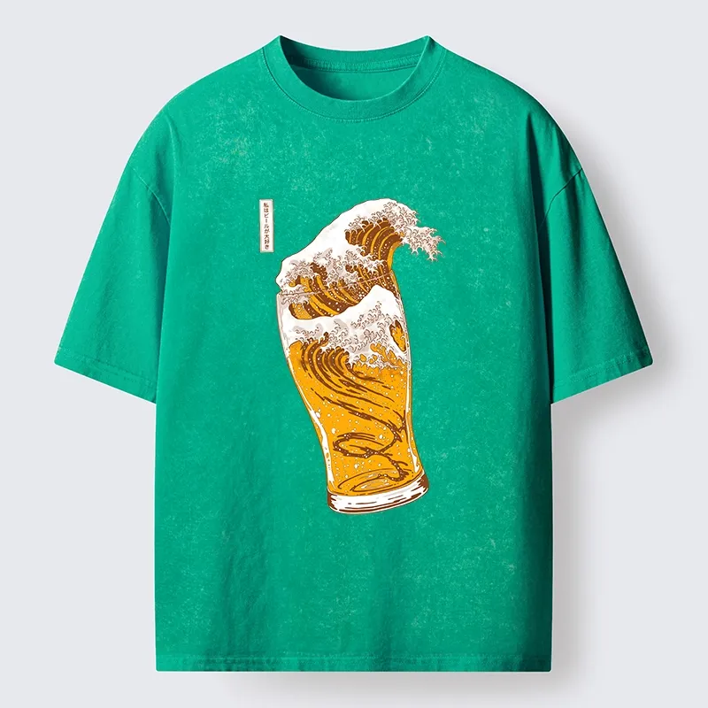 Tokyo-Tiger Great Beer Wave Print Washed T-Shirt