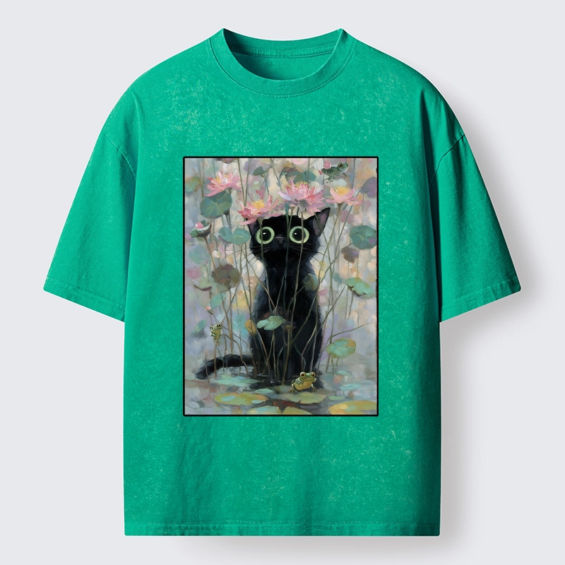 Tokyo-Tiger Black Cat In The Lotus Pond Washed T-Shirt