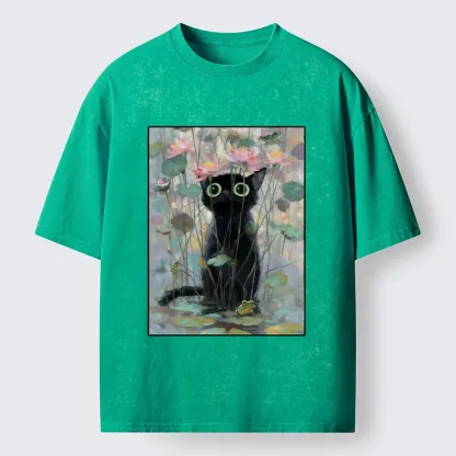 Tokyo-Tiger Black Cat In The Lotus Pond Washed T-Shirt