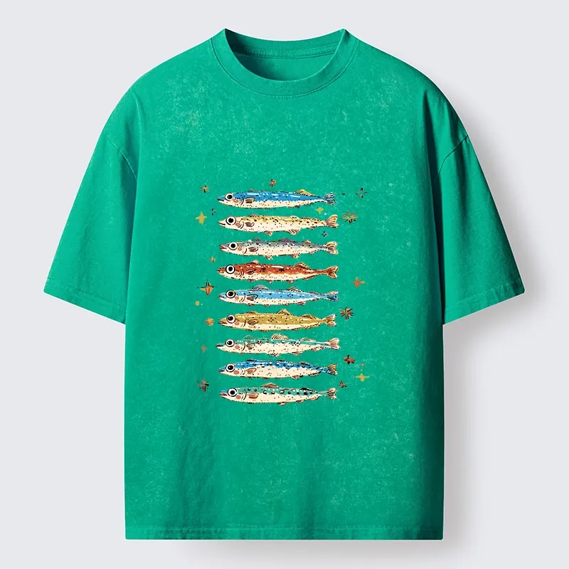 Tokyo-Tiger Colorful Fish Family Art Washed T-Shirt