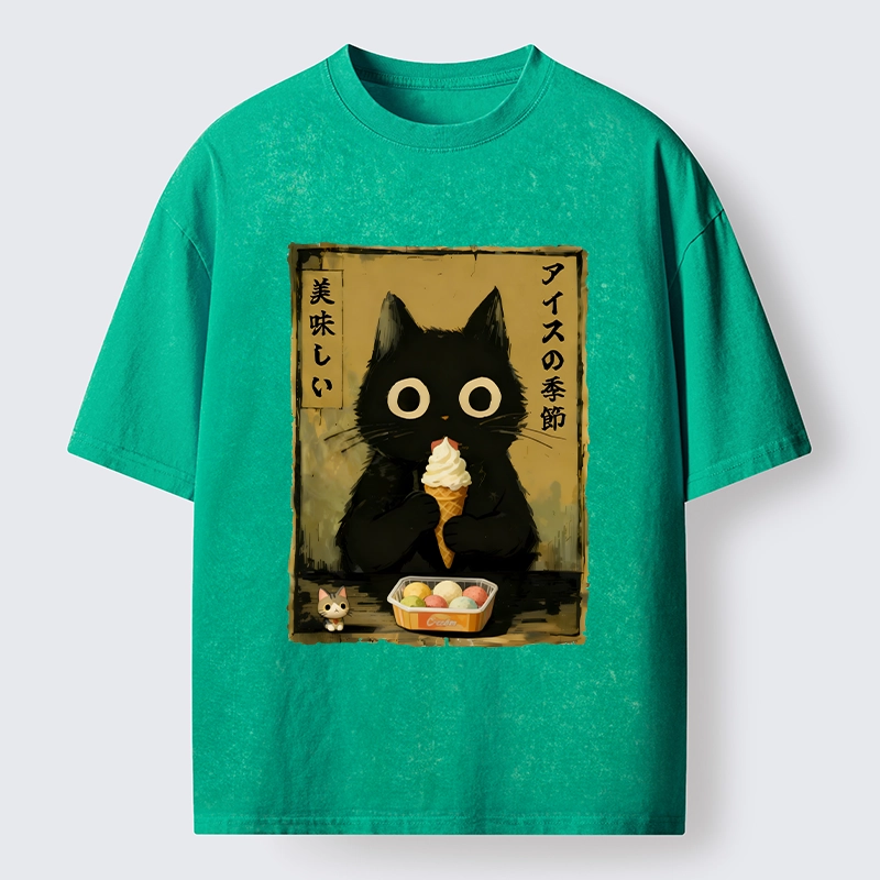 Tokyo-Tiger Black Cat Loves Ice Cream Washed T-Shirt