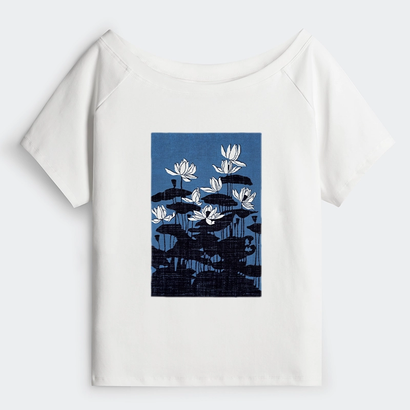 Tokyo-Tiger Blue Lotus Japanese Art Off Shoulder T-Shirt