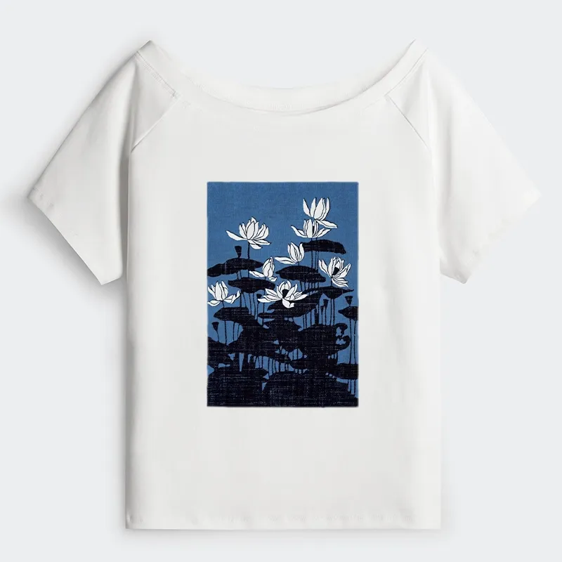 Tokyo-Tiger Blue Lotus Japanese Art Off Shoulder T-Shirt Sale
