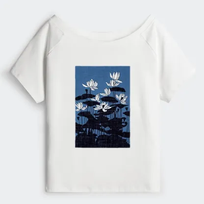 Tokyo-Tiger Blue Lotus Japanese Art Off Shoulder T-Shirt
