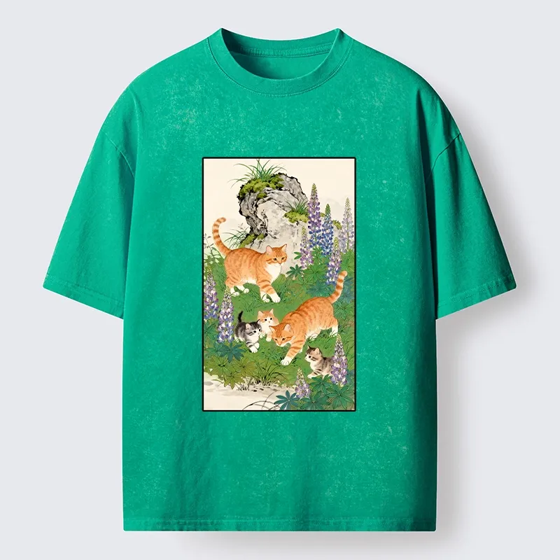 Tokyo-Tiger Tabby Cats In Garden Meme Washed T-Shirt