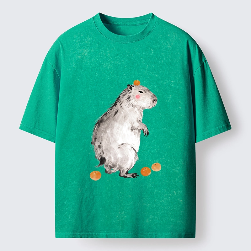Tokyo-Tiger Orange On Capybara Funny Washed T-Shirt