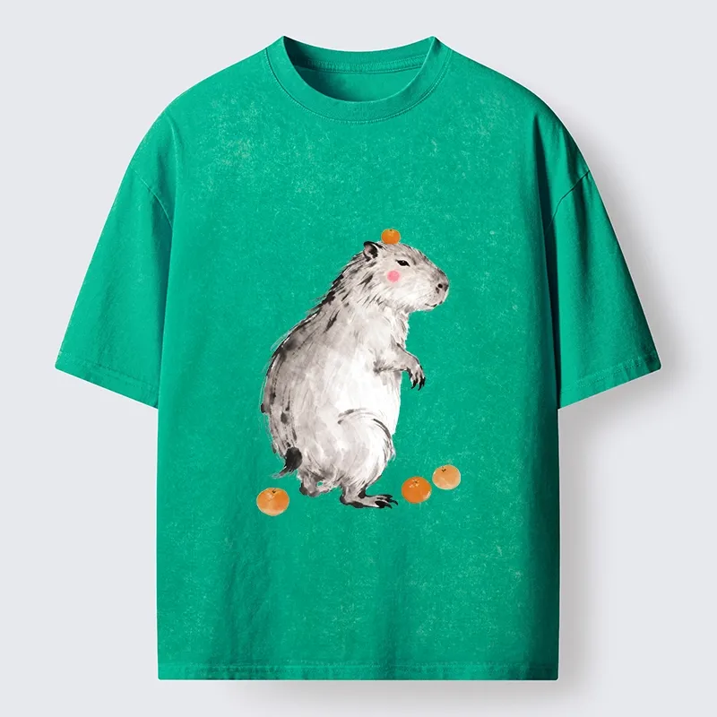 Tokyo-Tiger Orange On Capybara Funny Washed T-Shirt