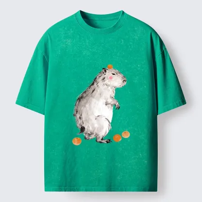 Tokyo-Tiger Orange On Capybara Funny Washed T-Shirt