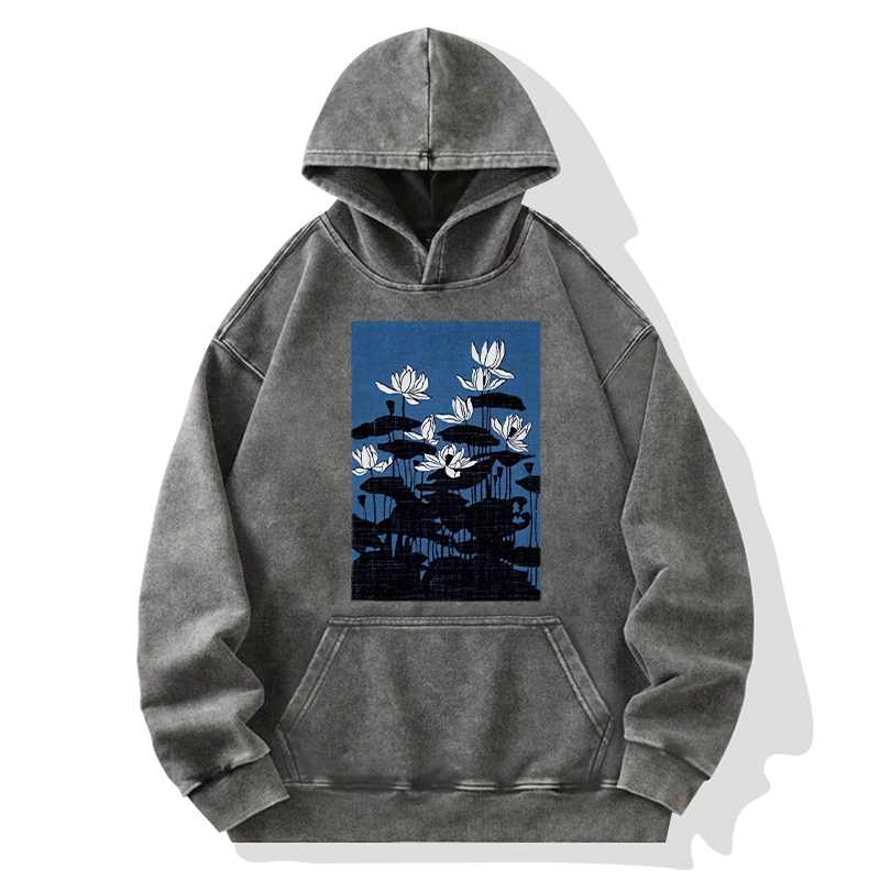 Tokyo-Tiger Blue Lotus Japanese Art Washed Hoodie