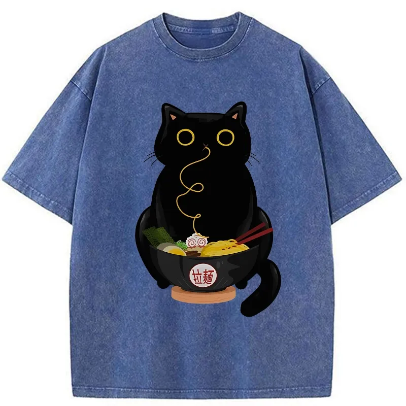 Tokyo-Tiger Ramen-Loving Cat Washed T-Shirt