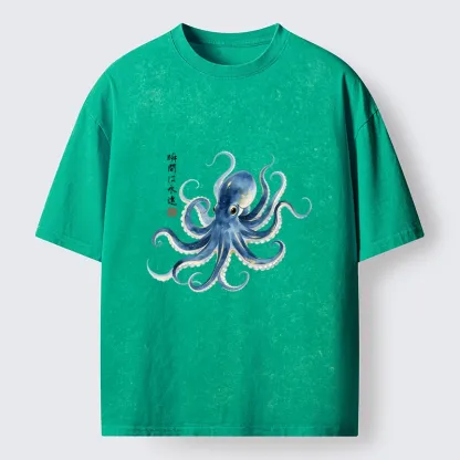 Tokyo-Tiger Stylish Blue Octopus Japanese Washed T-Shirt