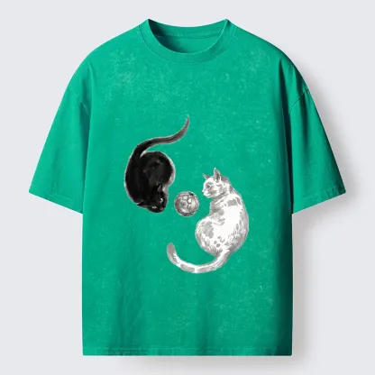 Tokyo-Tiger Cool Yin Yang Cat Art Washed T-Shirt
