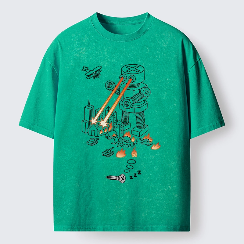 Tokyo-Tiger Funny Screw Robot Destroying City Washed T-Shirt