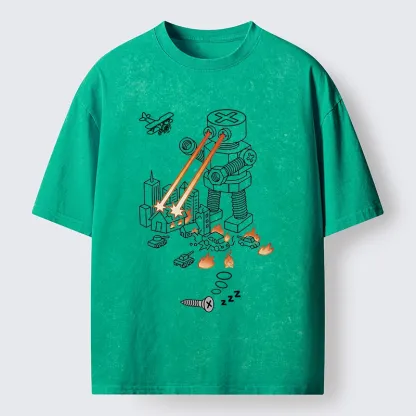 Tokyo-Tiger Funny Screw Robot Destroying City Washed T-Shirt