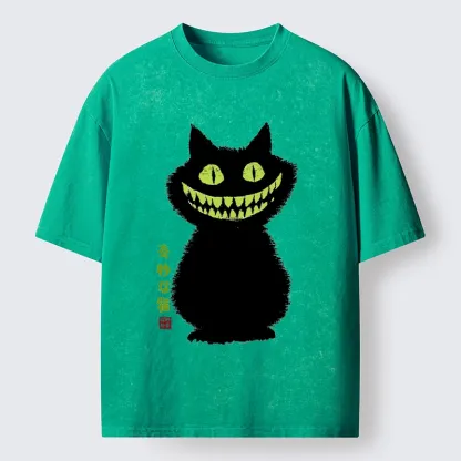 Tokyo-Tiger Spooky Black Cat With Green Teeth Washed T-Shirt