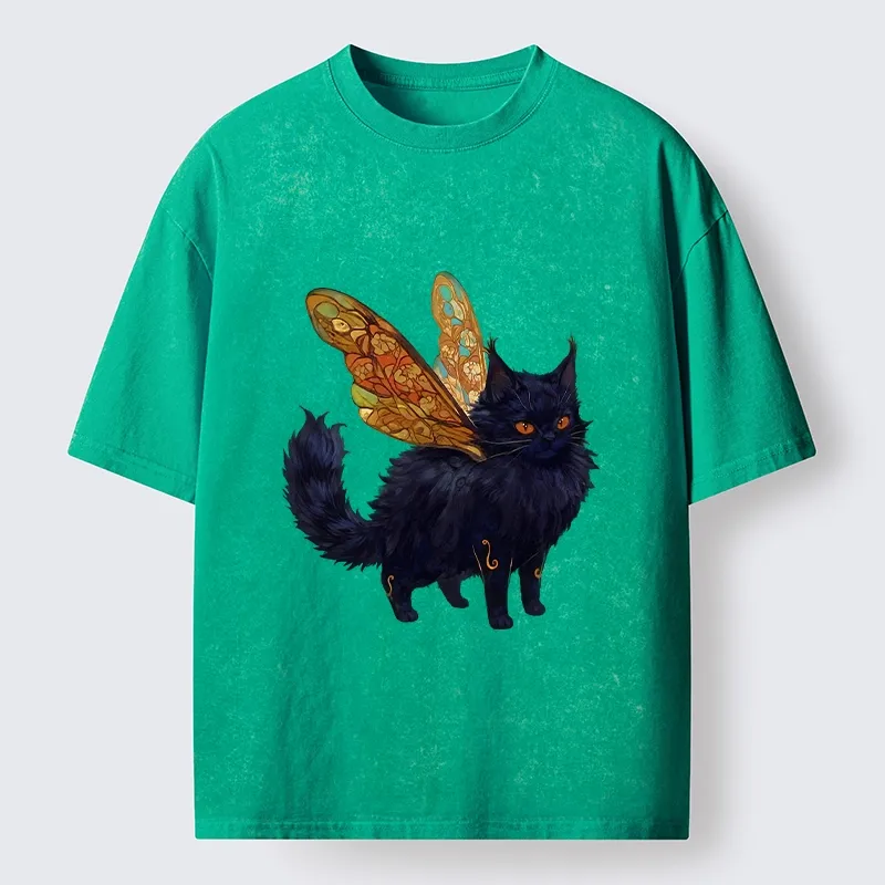 Tokyo-Tiger Funny Fairy Black Cat Art Washed T-Shirt