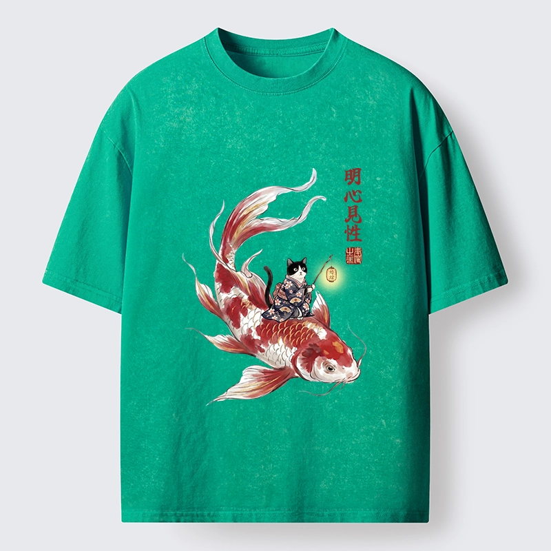 Tokyo-Tiger Cute Kimono Cat On Koi Fish Washed T-Shirt