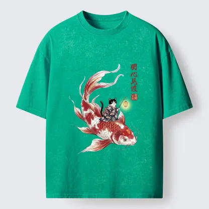 Tokyo-Tiger Cute Kimono Cat On Koi Fish Washed T-Shirt