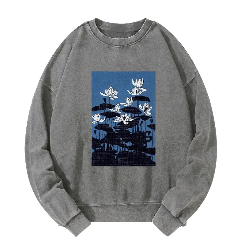 Tokyo-Tiger Blue Lotus Japanese Art Washed Sweatshirt