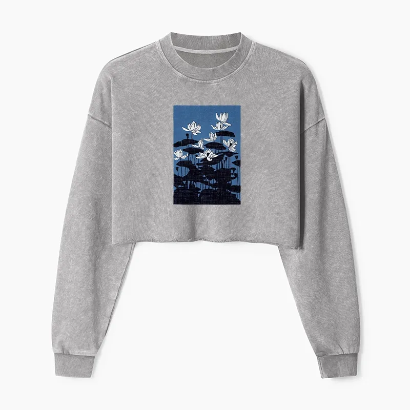 Tokyo-Tiger Blue Lotus Japanese Art Washed Crop Sweatshirt