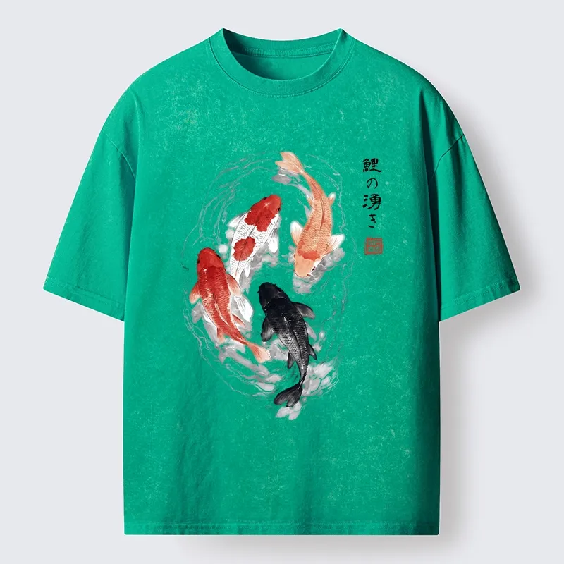 Tokyo-Tiger Koi Fish Flow In Traditional Ink Style Washed T-Shirt