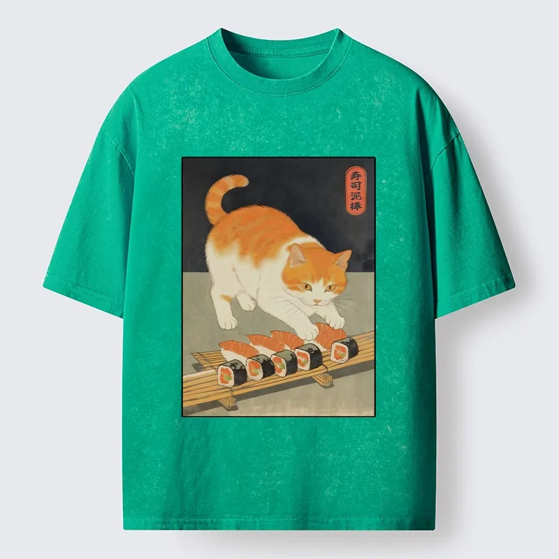 Tokyo-Tiger Cat Trying To Steal Sushi Washed T-Shirt