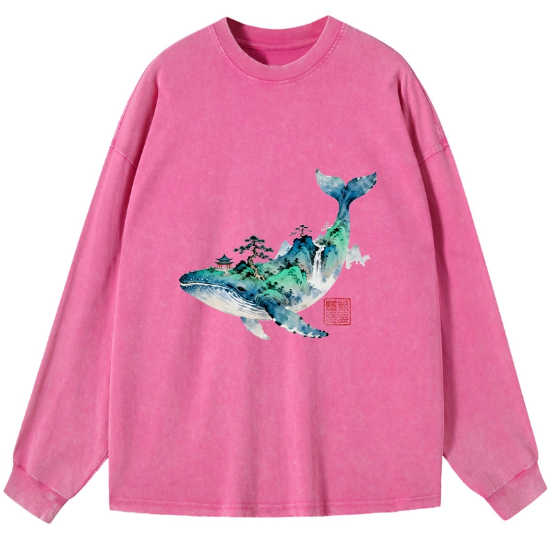 Tokyo-Tiger Whale Ink Painting Landscape Washed Long Sleeve T-Shirt