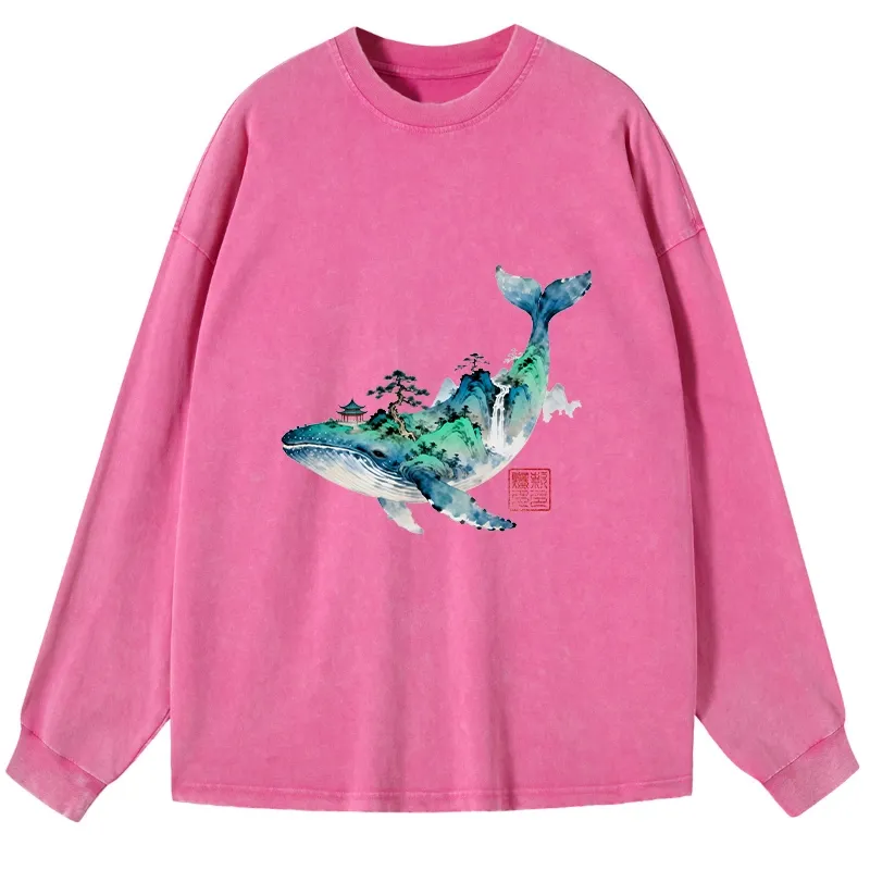 Tokyo-Tiger Whale Ink Painting Landscape Washed Long Sleeve T-Shirt
