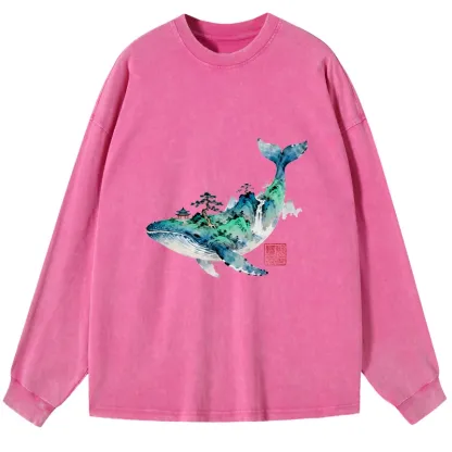 Tokyo-Tiger Whale Ink Painting Landscape Washed Long Sleeve T-Shirt