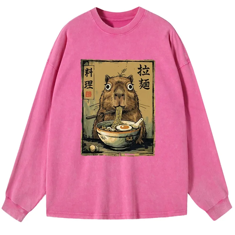 Tokyo-Tiger Cute Capybara Eating Ramen Washed Long Sleeve T-Shirt