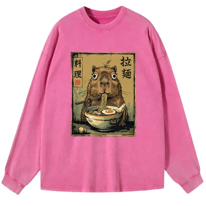 Tokyo-Tiger Cute Capybara Eating Ramen Washed Long Sleeve T-Shirt