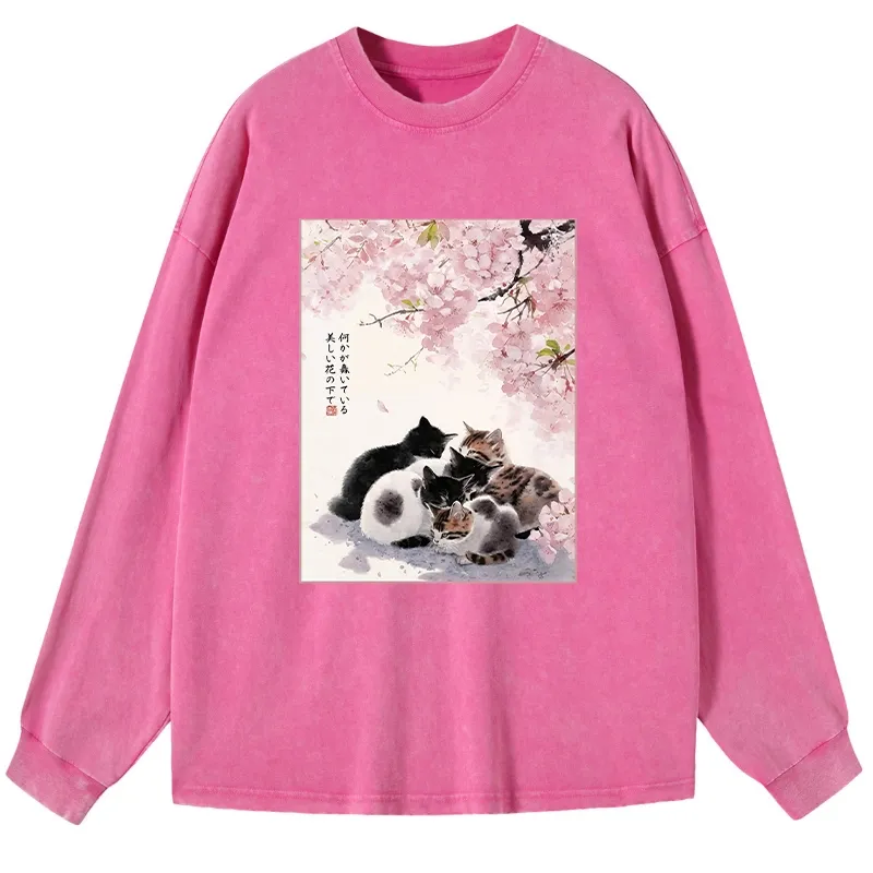 Tokyo-Tiger Cute Cats Sakura Garden Washed Long Sleeve T-Shirt