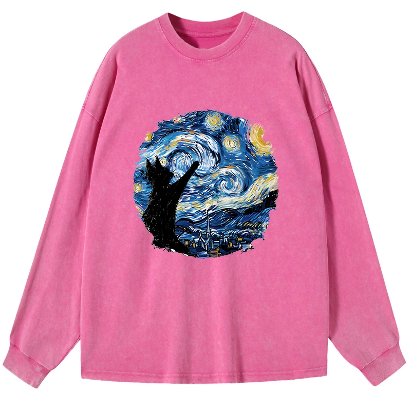 Tokyo-Tiger Starry Night Black Cat Washed Long Sleeve T-Shirt