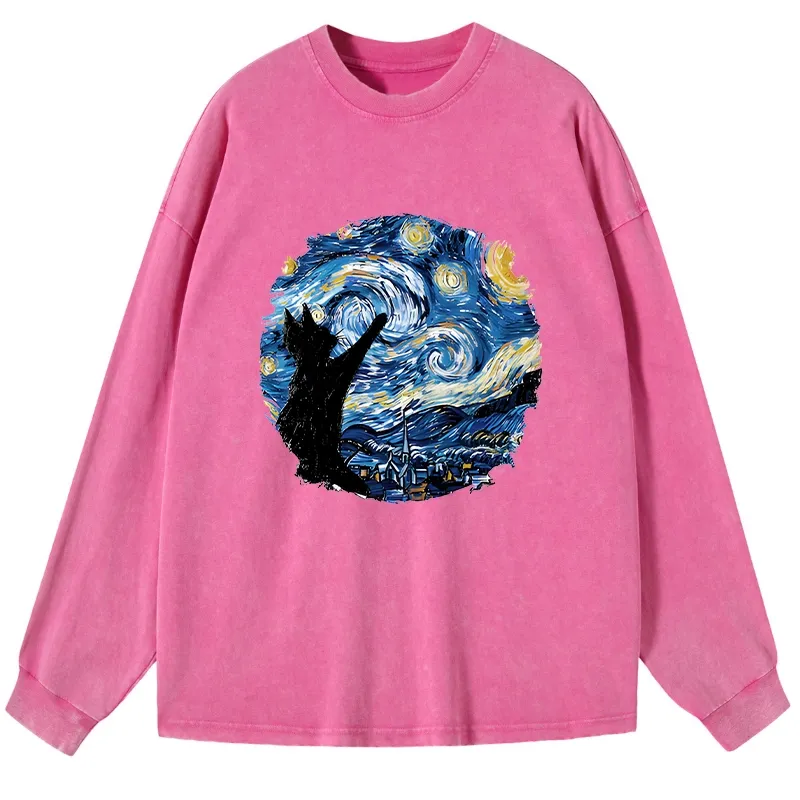 Tokyo-Tiger Starry Night Black Cat Washed Long Sleeve T-Shirt