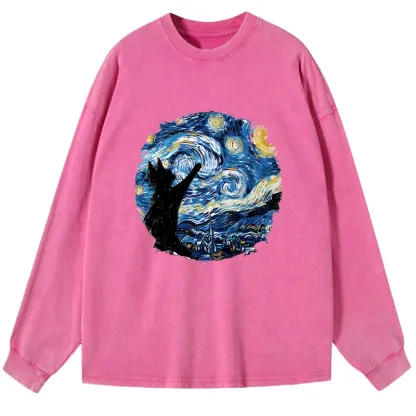 Tokyo-Tiger Starry Night Black Cat Washed Long Sleeve T-Shirt
