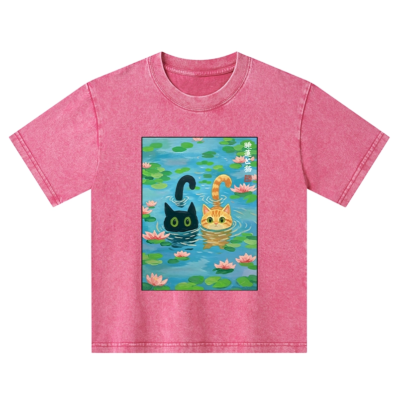 Tokyo-Tiger Cats In The Lotus Pond Kids Washed T-Shirt
