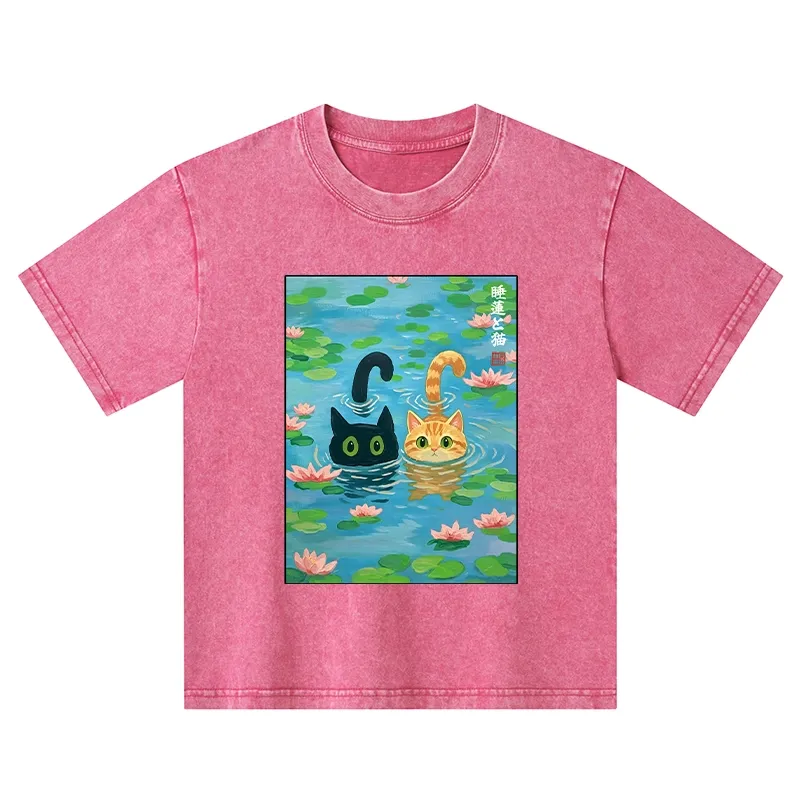 Tokyo-Tiger Cats In The Lotus Pond Kids Washed T-Shirt