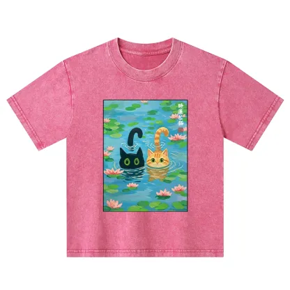Tokyo-Tiger Cats In The Lotus Pond Kids Washed T-Shirt