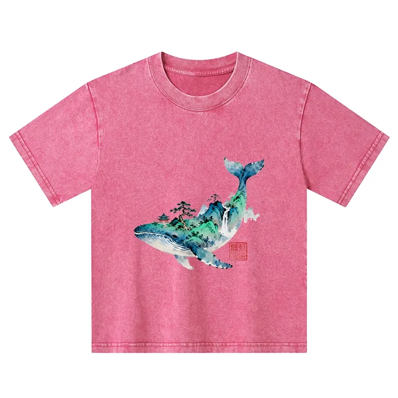Tokyo-Tiger Whale Ink Painting Landscape Kids Washed T-Shirt