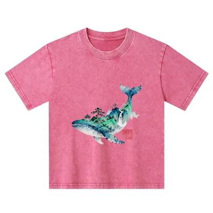 Tokyo-Tiger Whale Ink Painting Landscape Kids Washed T-Shirt