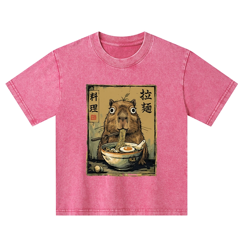 Tokyo-Tiger Cute Capybara Eating Ramen Kids Washed T-Shirt