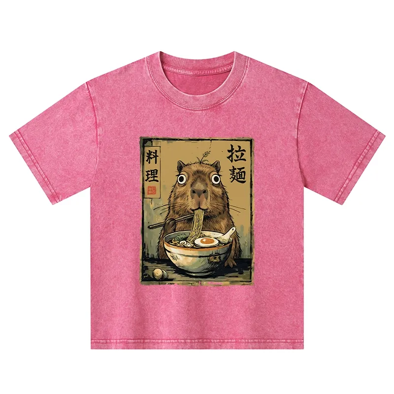 Tokyo-Tiger Cute Capybara Eating Ramen Kids Washed T-Shirt