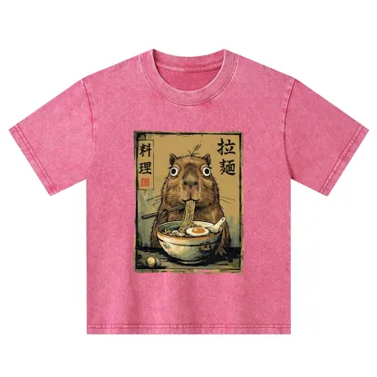 Tokyo-Tiger Cute Capybara Eating Ramen Kids Washed T-Shirt